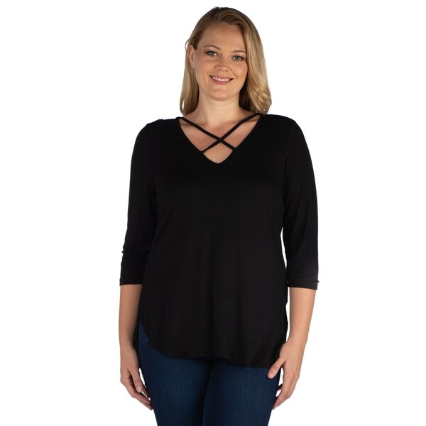 Made in USA Sizes S-3XL 24seven Comfort Apparel Maternity Clothes for Women 3//4 Sleeve Criss Cross V Neck Tunic Tops